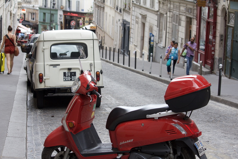outdoors, vespa, city life, built structure, city, building exterior, red, style, paris, city street, land vehicle, travel, vehicle, mode of transportation