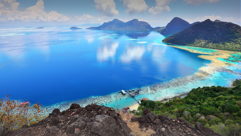 sea, rocks, trees, nature, mountains, sky, clouds, Borneo, 1080P, Sabah, water, horizon, landscape