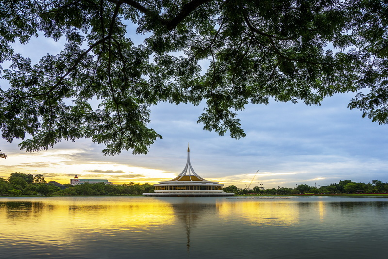beauty in nature, the gardens peacefully, king rama ix park, white, water, clouds, 5K, waterfront, relax, reflection, sunset, building exterior, royal