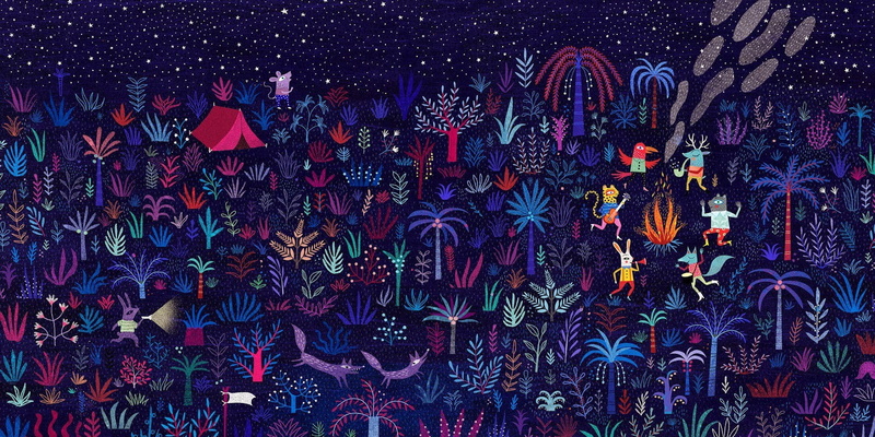 night, fire, fantasy Art, Tiger, plants, frog, Tent, parrot, Fairy Tale, animals, Musical Instrument, Trees, Deer, digital art, 720P, stars, Mariana Ruiz Johnson