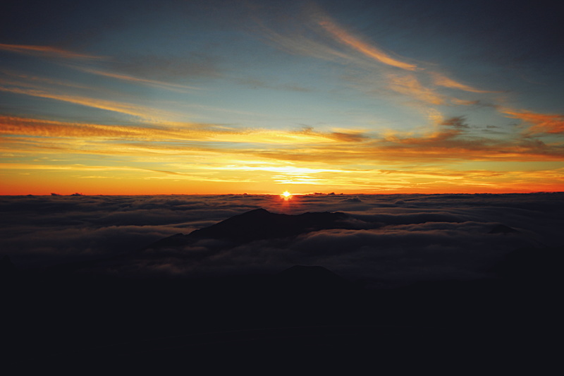 haleakala, beauty in nature, dawn, haleakala crater, non-urban scene, 5K, clouds, haleakala national park, sky, sunrise, silhouette, tranquility, cloud - sky