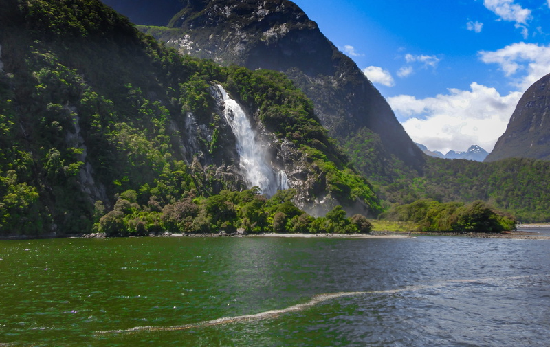 big, bergsee, lake, waterfalls, blue, alpine, idyllic, river, tranquil scene, south island, waterfall, more, rock, mountains, forest, scenics, wilderness