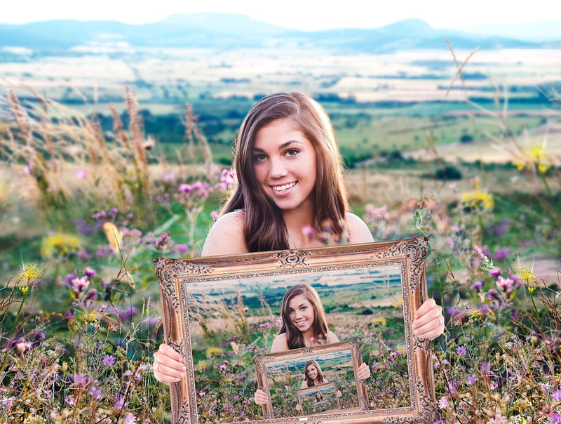hairstyle, 2K, outdoors, girl, beautiful woman, people smiling, front view, young women, nature, flower, picture, landscape, holding a frame, smiling
