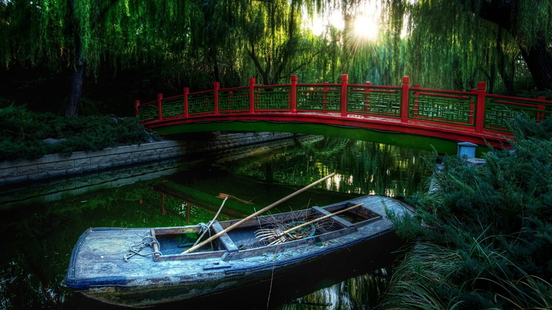 nature, 1080P, forest, plant, trees, no people, red, bridge, footbridge, green color, water, nautical vessel, blue, transportation, mode of transportation