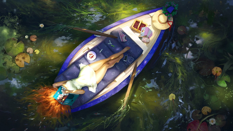 vertebrate, plant, women, river, floating on water, outdoors, peaceful, books, nature, animal themes, lake, boat, day, 1080P, high angle view, no people