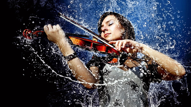 rain, musical instrument, outdoors, lifestyles, closed eyes, violin, wet, leisure activity, waist up, strength, front view, splashing, photo manipulation