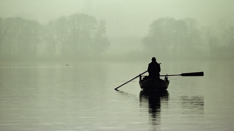 beauty in nature, fog, scenics - nature, mode of transportation, nautical vessel, lake, mist, transportation, water, reflection, oar, outdoors, nature
