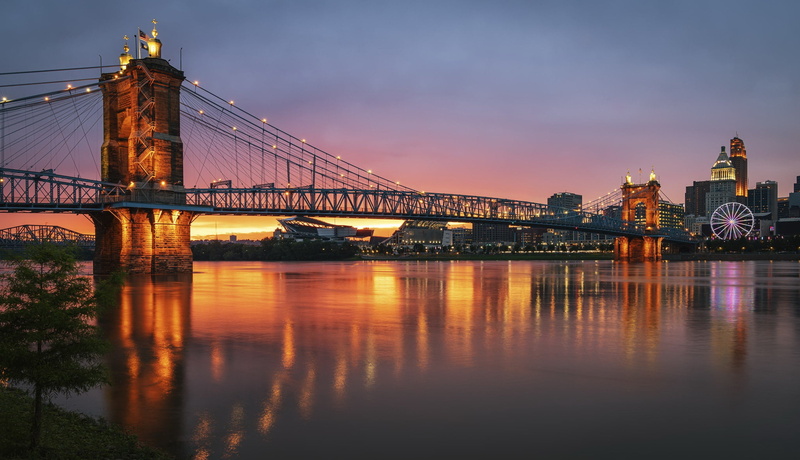 Cincinnati, 1080P, Roebling Suspension Bridge, reflections, Ohio River