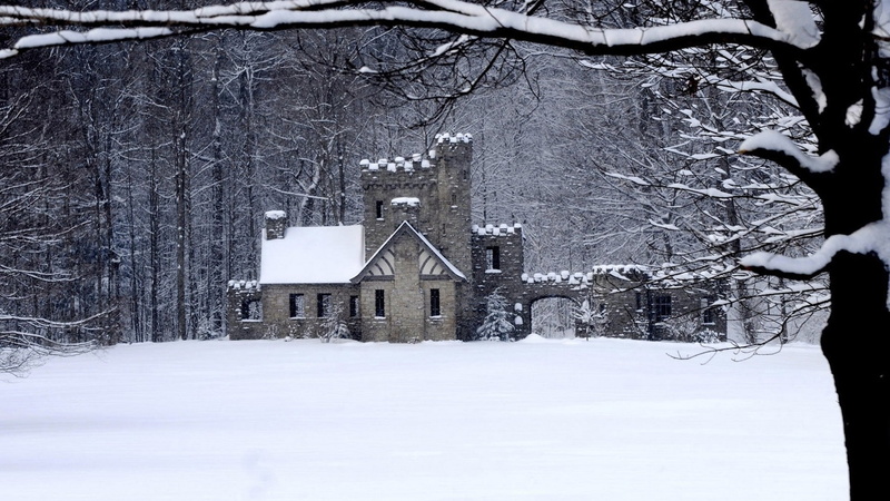 castle, trees, Ohio, snow, 1080P