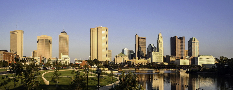 skyscraper, tower, Ohio, city life, river, travel destinations, modern, office building exterior, urban Skyline, reflection, travel, landscape, United States