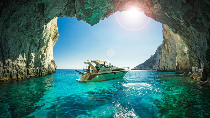 Turquoise, nature, photography, landscape, Yachts, Erosion, water, cave, Greece, rocks, 1080P, Zakynthos, sea