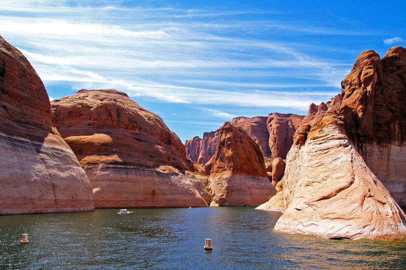 cloud - sky, nature, sandstone, lake, rock - Object, canyon, lake powell, travel, sky, rocks, mountain range, arizona, water, solid, desert, beauty in nature