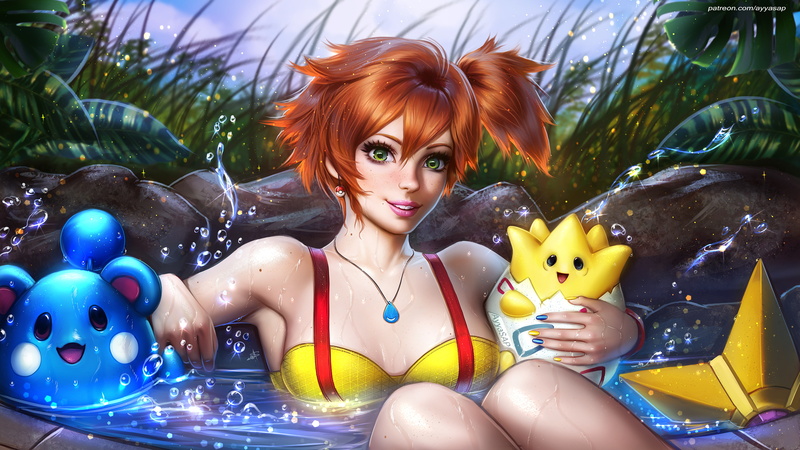 cleavage, 5K, digital art, swimming pool, necklace, green eyes, Togepi, water, redhead, grass, Ayyasap, thighs, video games, women, starfish, Pokémon