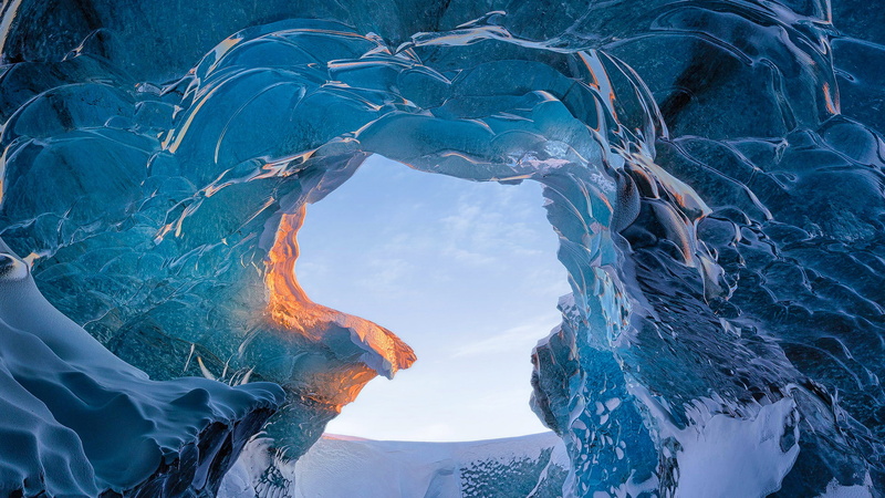 Ice, sky, environment, motion, 1080P, no people, nature, scenics - nature, day, digital composite, mountain, snow, outdoors, beauty in nature, Cave, non-urban scene