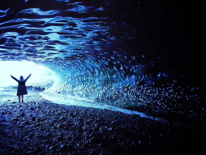 near, 2K, natural, stunning, men, ice cave, day, lifestyles, arms raised, iceland, blue ice, full length, silhouette, cool, leisure activity, amazing
