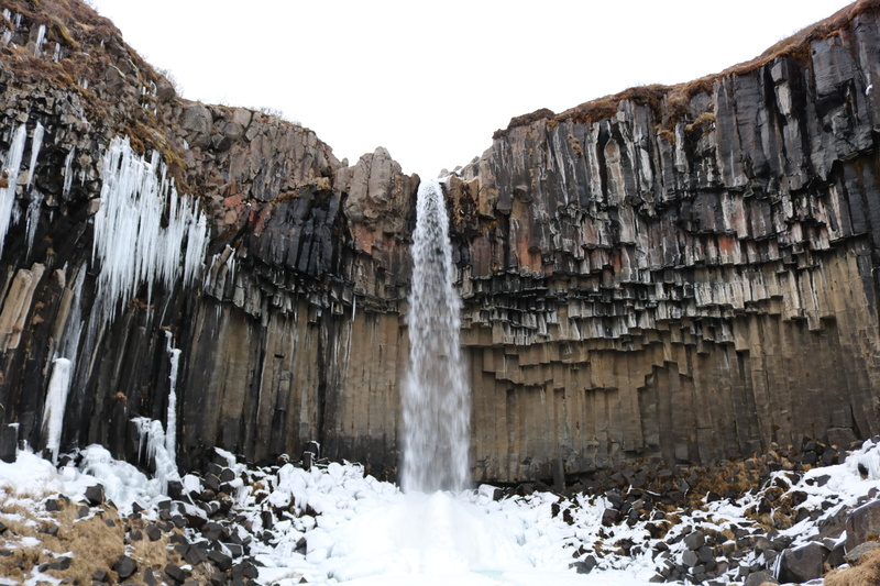 geology, waterfall, water, beauty in nature, scenics - nature, mountain, scenery, angle, rock - object, snow, svartifoss, winter, landscape, nature, outdoors