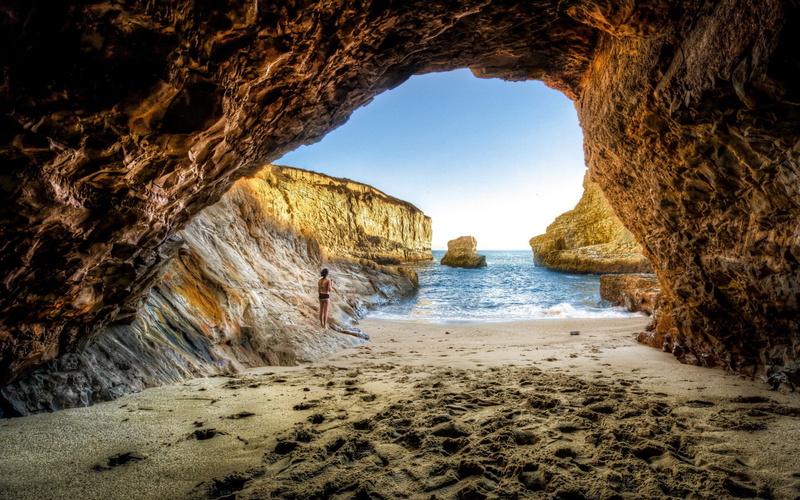 girl, rock grotto, grotto, Sea, rock, 1080P