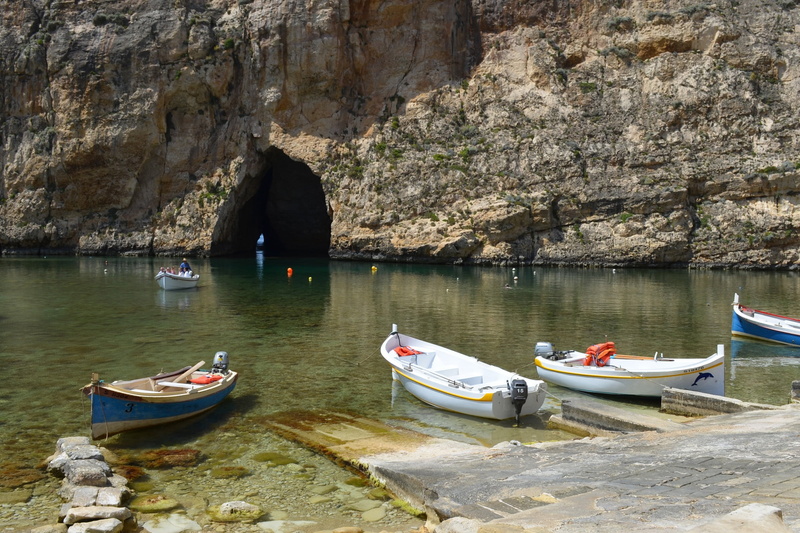 moored, pier, port, anchored, beauty in nature, malta, waterfront, solid, water, nautical vessel, rock - object, grotto, tranquility, summer, travel, nature