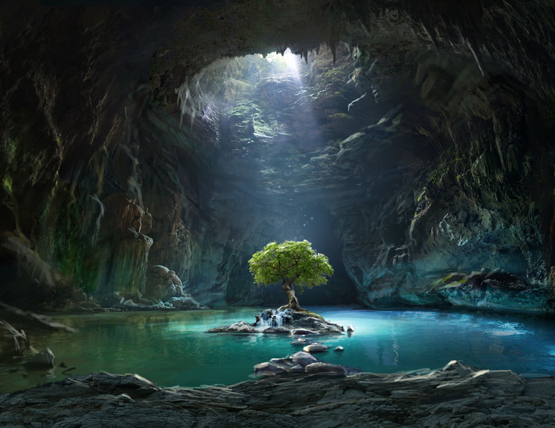 island, rays, Olga Antonenko, tree, art, the sun, the grotto, fantasy, Mattepainting for " Klondike" game trailer, 1080P