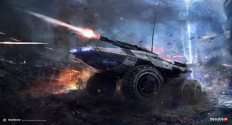 motor vehicle, bioware, illuminated, M35 Mako, outdoors, fire, no people, destruction, land vehicle, 1080P, mass effect 3, art, night, tank