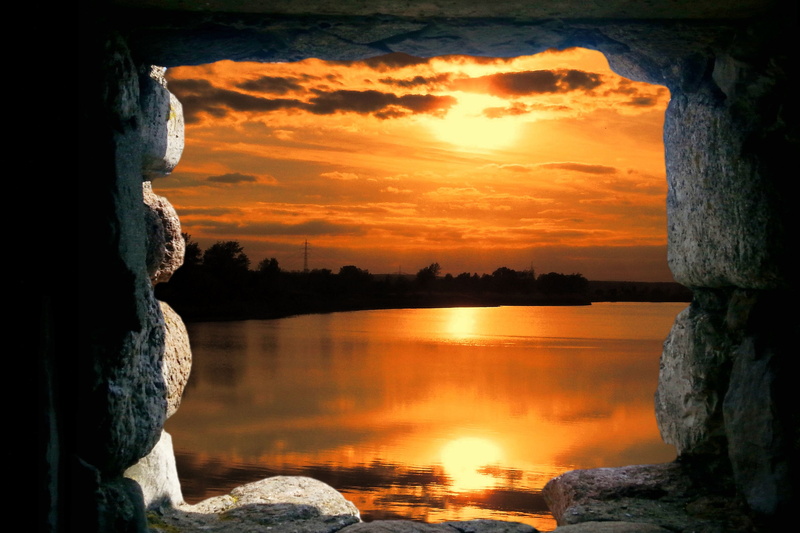 scenics, orange color, concrete, landscape, window, sky, photo montage, 4K, cloud - sky, nature, rock, cave, sunlight, solid, no people, scenics - nature