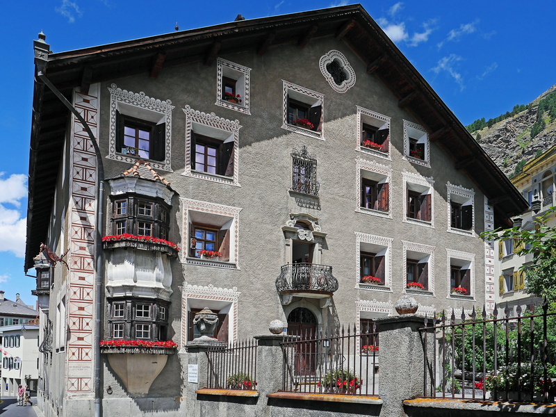 thick-walled, city, house, switzerland, window caves, oberengadin, southeast switzerland, burghers house, building, residential district, no people, engadin