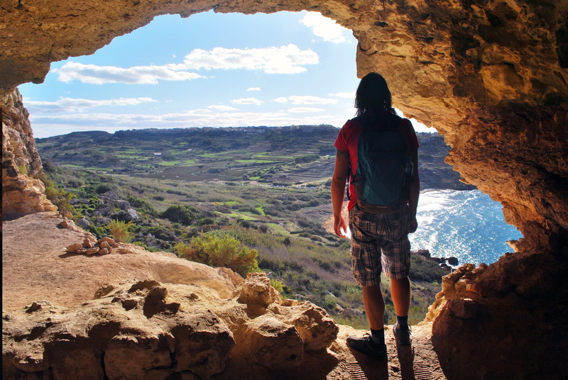 casual clothing, cave, view, man, real people, beautiful, day, non-urban scene, rock - object, lifestyles, outdoors, beauty in nature, malta, gozo, 4K