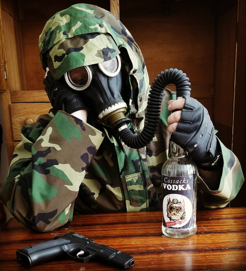 alcohol, Woodland Camouflage, gun, camouflage, humor, S.T.A.L.K.E.R., 720P, gas masks, vodka, pistol, weapon