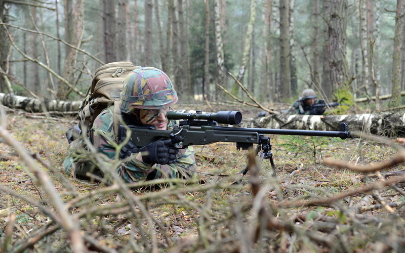land, outdoors, sniper, army, forest, rifle, government, armed forces, tree, uniform, army soldier, security, adult, weapon, black, selective focus, Belgian Army