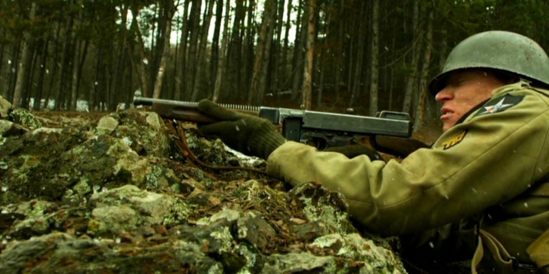 side view, company of heroes, clothing, day, military, men, weapon, land, outdoors, uniform, rifle, woodland, government, camouflage clothing, gun, plant