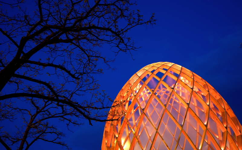 ovo, Architecture, nature, outdoors, tree, low angle view, built structure, dome, illuminated, lit, no people, bare tree, beside, pattern, branch, clear sky
