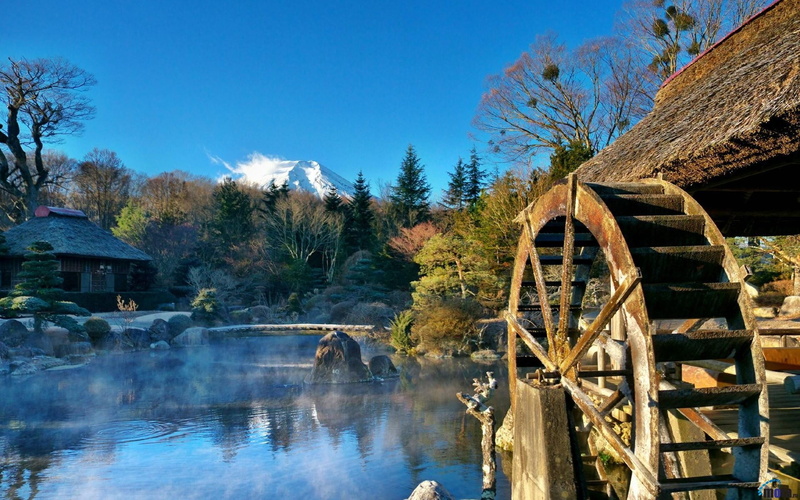 no people, 1080P, architecture, tranquil scene, nature, blue, plant, house, mountain, day, fuel and power generation, watermill, mountains, outdoors, scenics - nature