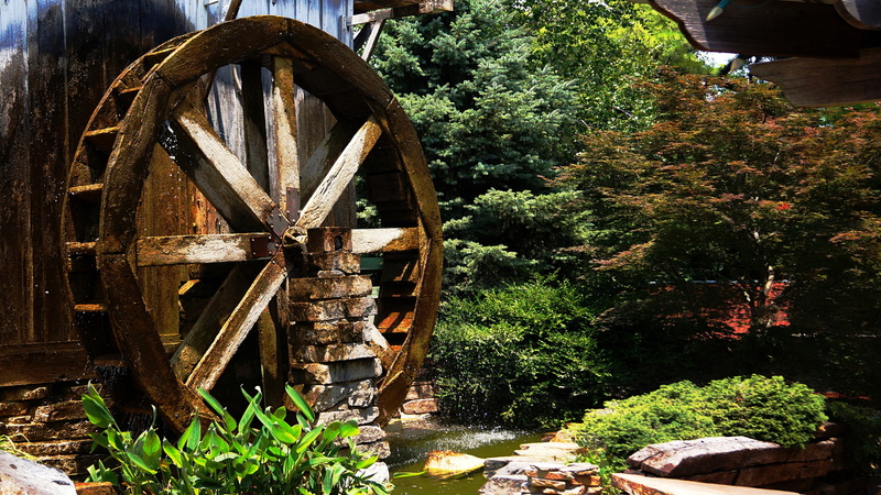 retro styled, transportation, landscape, outdoors, green color, mill, water drops, wood - material, 4K, wagon wheel, no people, water wheel, plant, fuel and power generation