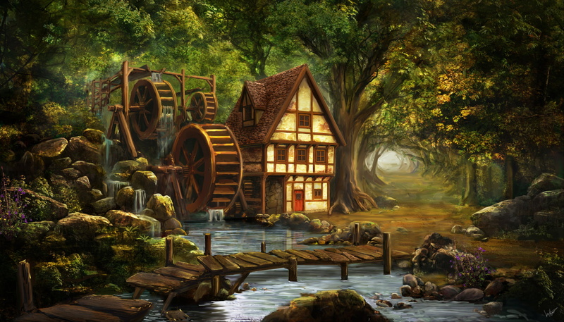 water, garden, outdoors, Artistic, no people, growth, Forest, Watermill, rock, connection, Mill, building exterior, built structure, Bridge, 1080P, Tree