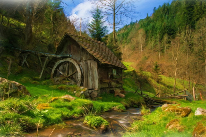 Watermill, Landscape, Stream, Forest, Artistic, 1080P, Man Made, Oil Painting, Painting