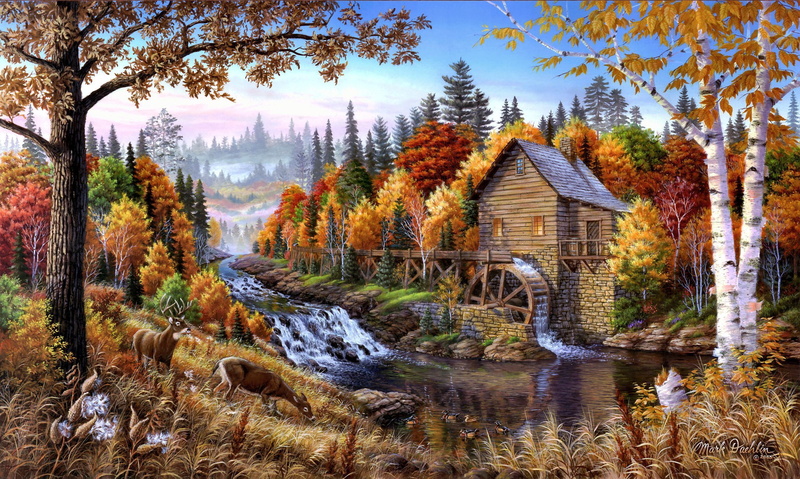 Mark Daehlin, Fall, Artistic, 1080P, Deer, River, Landscape, Tree, Watermill