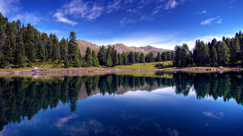 sky, lake, tranquil scene, coniferous tree, 1080P, tree, pine tree, scenics - nature, reflection lake, blue, water, plant, reflection, cloud - sky, landscape