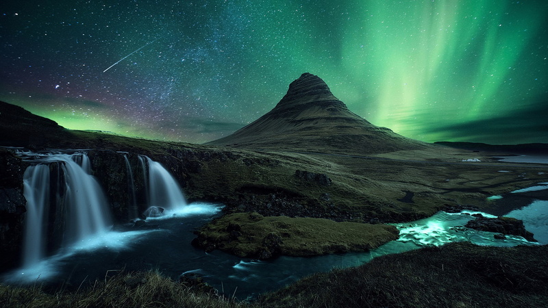 space and astronomy, natural phenomenon, environment, long exposure, night, astronomy, stream - flowing water, 1080P, nature, ice, sky, space, aurora polaris