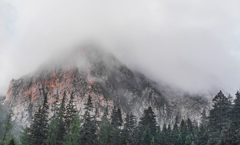 surrounded, sky, green, 4K, summit, plant, non-urban scene, gray, peak, nature, trees, evergreen tree, mountain range, mountain, mountain peak, environment