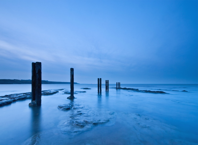 tranquility, outdoors, scenics, wave, waterbreak, jetty, twilight, blue, sea, wooden Post, scenics - nature, land, tranquil Scene, pier, nature, no People