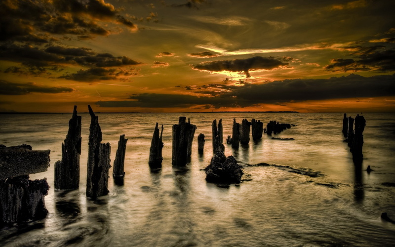 2K, scenics - nature, landscape, summer, cloud - Sky, dusk, sun, sunset, waters Edge, beach, wave, destroyed, sea, pier, gray, rocks, land, waterbreak