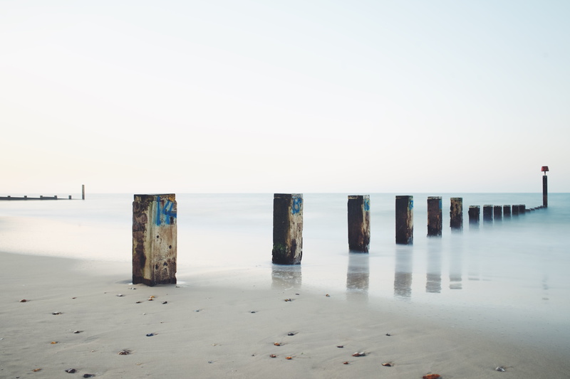 concrete, waterbreak, in the morning, gray, water, tranquility, coastline, pillars, beach, wood, horizon, post, outdoors, nature, 5K, land, landscape