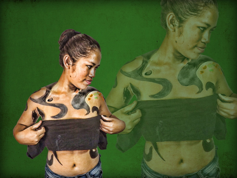 body paint, adult, studio shot, standing, men, jungle, 4K, green color, women, people, holding, sport, waist up, clothing, sports training, exercising
