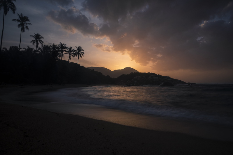 night, asia, outdoors, tree, tranquil Scene, summer, santa martum, wave, cloud, ocean, palm, sunrise - Dawn, travel Destinations, seashore, sea, mountain