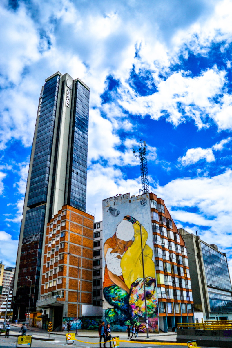 colombia, nature, outdoors, office building exterior, art and craft, incidental people, sky, low angle view, skyscraper, modern, building, day