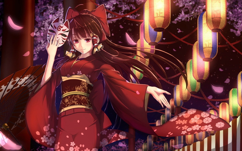 Japanese Clothes, bow (Clothing), Umbrella, Mask, Yukata, 1080P, Anime, Brown Hair, Long Hair, Red Eyes, Touhou, Flower, Festival, Reimu Hakurei, Cherry