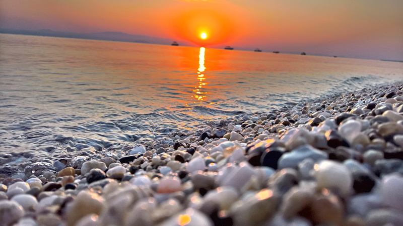 greece, orange sky, orange sunset, 4K, sunset, beach, pebble beach, hanioti beach, pebble