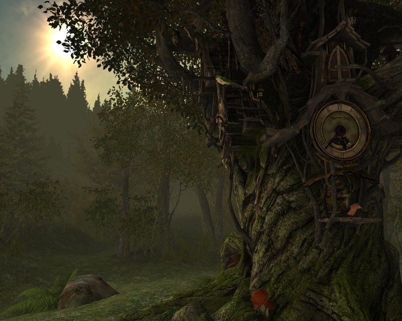 Other, Treehouse, tree trunk, forest, plant, tranquil scene, tranquility, scenics - nature, nature, Fantasy, Clock, painting, fog, growth, field, day, beauty in nature