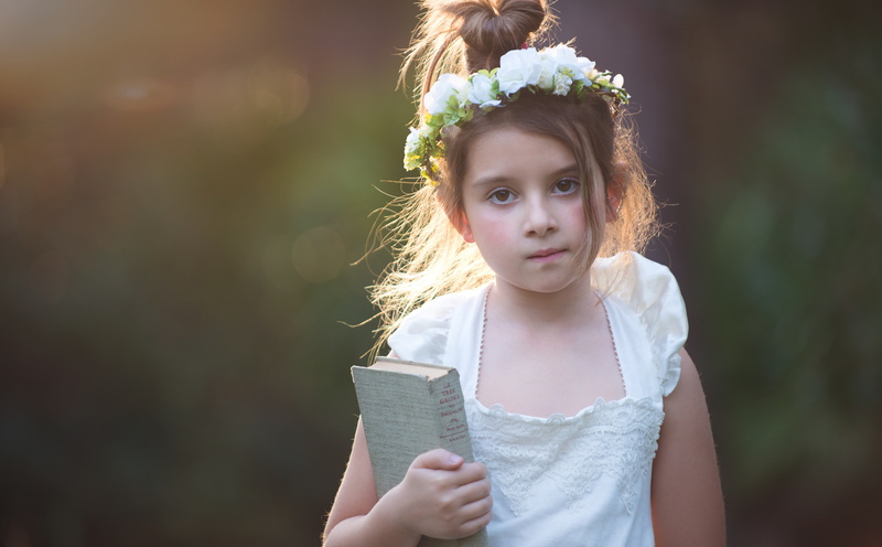 day, sleeveless, white, innocence, standing, evening, women, Flowers, child, focus on foreground, hairstyle, 5K, portrait, females, Girl, looking at camera