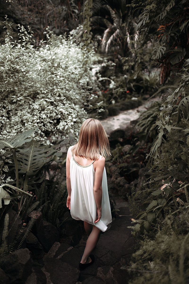 forest, woman, downstairs, selective, dress, beautiful, rear view, blond Hair, one girl only, color, females, real people, full length, spaghetti, towards